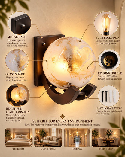 Nordic Wooden Wall Lamps, Zedo E27 Sconces with Marble Glass Shades