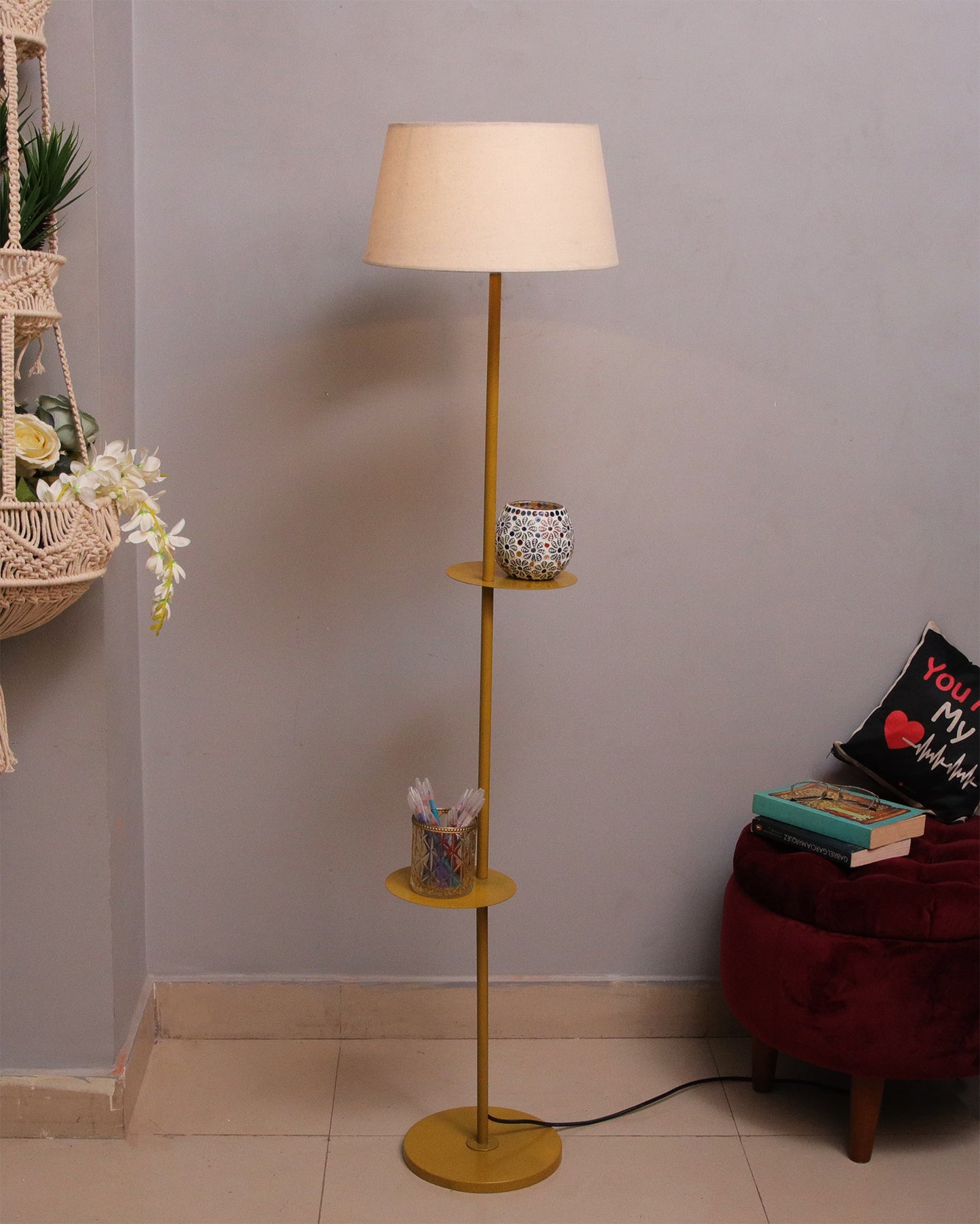 Contemporary Duo Shelf Metal Floor Lamp, Bedside Living room Office Home Decor Lamp, Golden