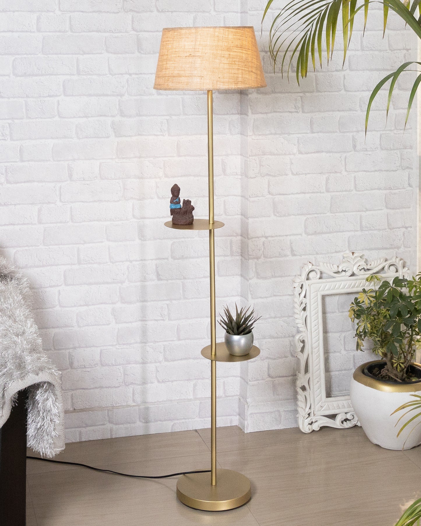 Contemporary Duo Shelf Metal Floor Lamp, Bedside Living room Office Home Decor Lamp, Golden