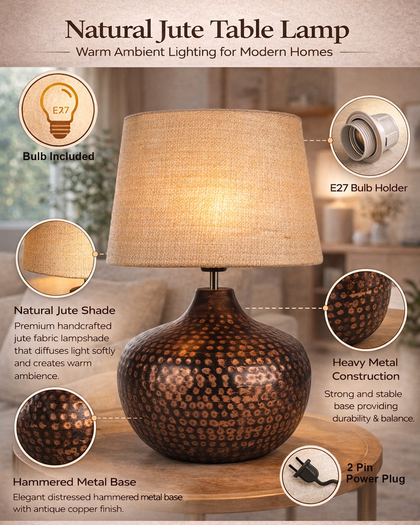 Gourd Metal Antique Hammered Oil-Rubbed Bronze Table Lamp Linen with Jute Shade