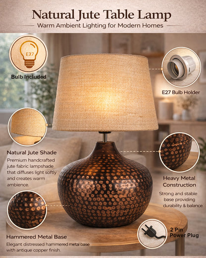 Gourd Metal Antique Hammered Oil-Rubbed Bronze Table Lamp Linen with Jute Shade