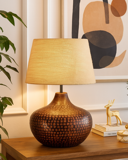 Gourd Metal Antique Hammered Oil-Rubbed Bronze Table Lamp Linen with Jute Shade