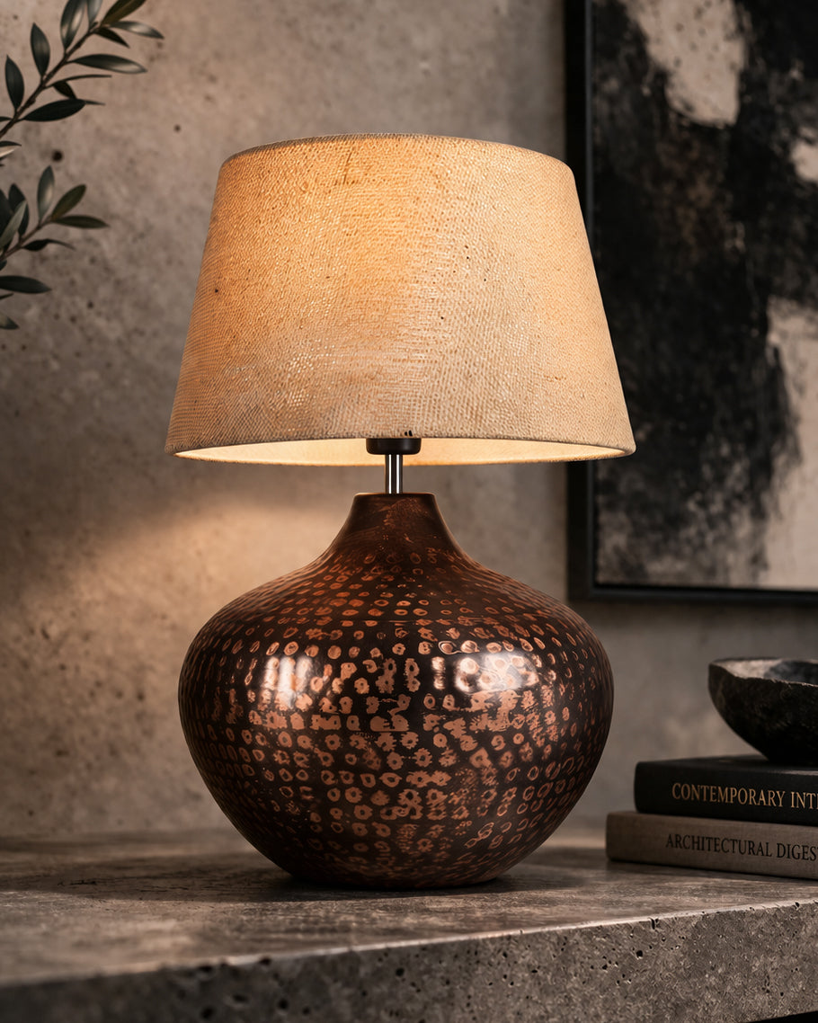 Gourd Metal Antique Hammered Oil-Rubbed Bronze Table Lamp Linen with Jute Shade