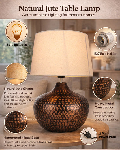 Gourd Metal Antique Hammered Oil-Rubbed Bronze Table Lamp Linen with Jute Shade