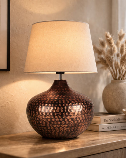Gourd Metal Antique Hammered Oil-Rubbed Bronze Table Lamp Linen with Jute Shade