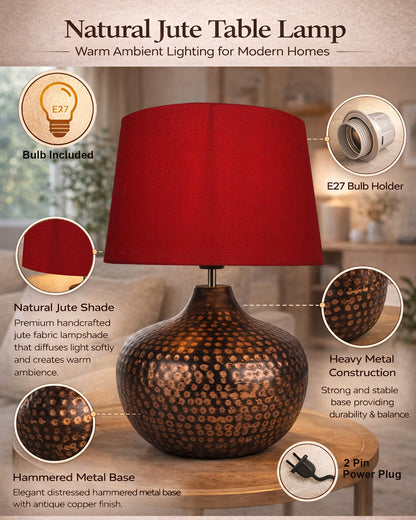 Gourd Metal Antique Hammered Oil-Rubbed Bronze Table Lamp Linen with Jute Shade