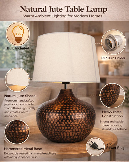 Gourd Metal Antique Hammered Oil-Rubbed Bronze Table Lamp Linen with Jute Shade
