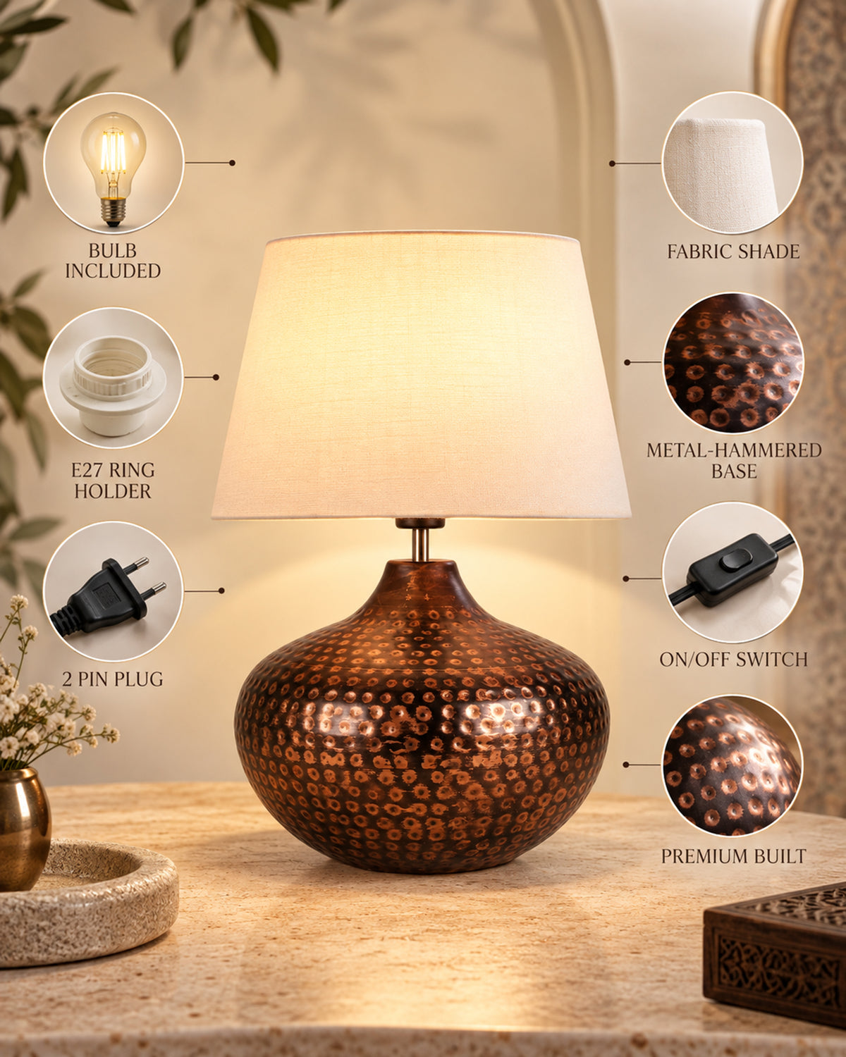 Gourd Metal Antique Hammered Oil-Rubbed Bronze Table Lamp Linen with Jute Shade