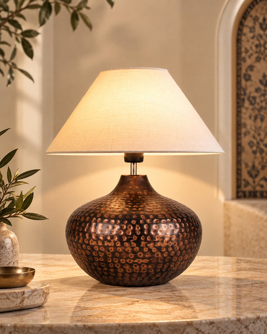 Gourd Metal Antique Hammered Oil-Rubbed Bronze Table Lamp Linen with Jute Shade
