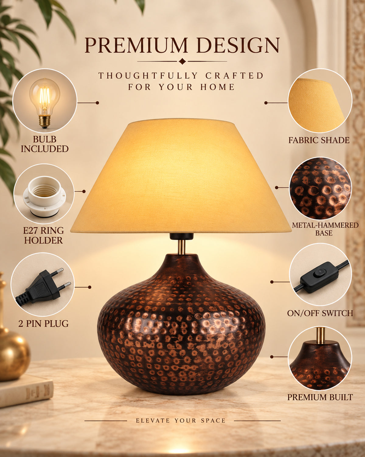 Gourd Metal Antique Hammered Oil-Rubbed Bronze Table Lamp Linen with Jute Shade