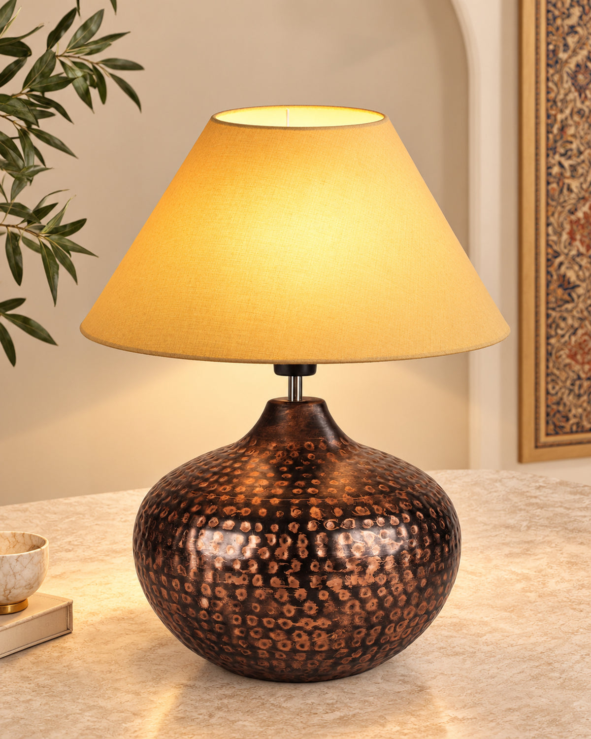 Gourd Metal Antique Hammered Oil-Rubbed Bronze Table Lamp Linen with Jute Shade