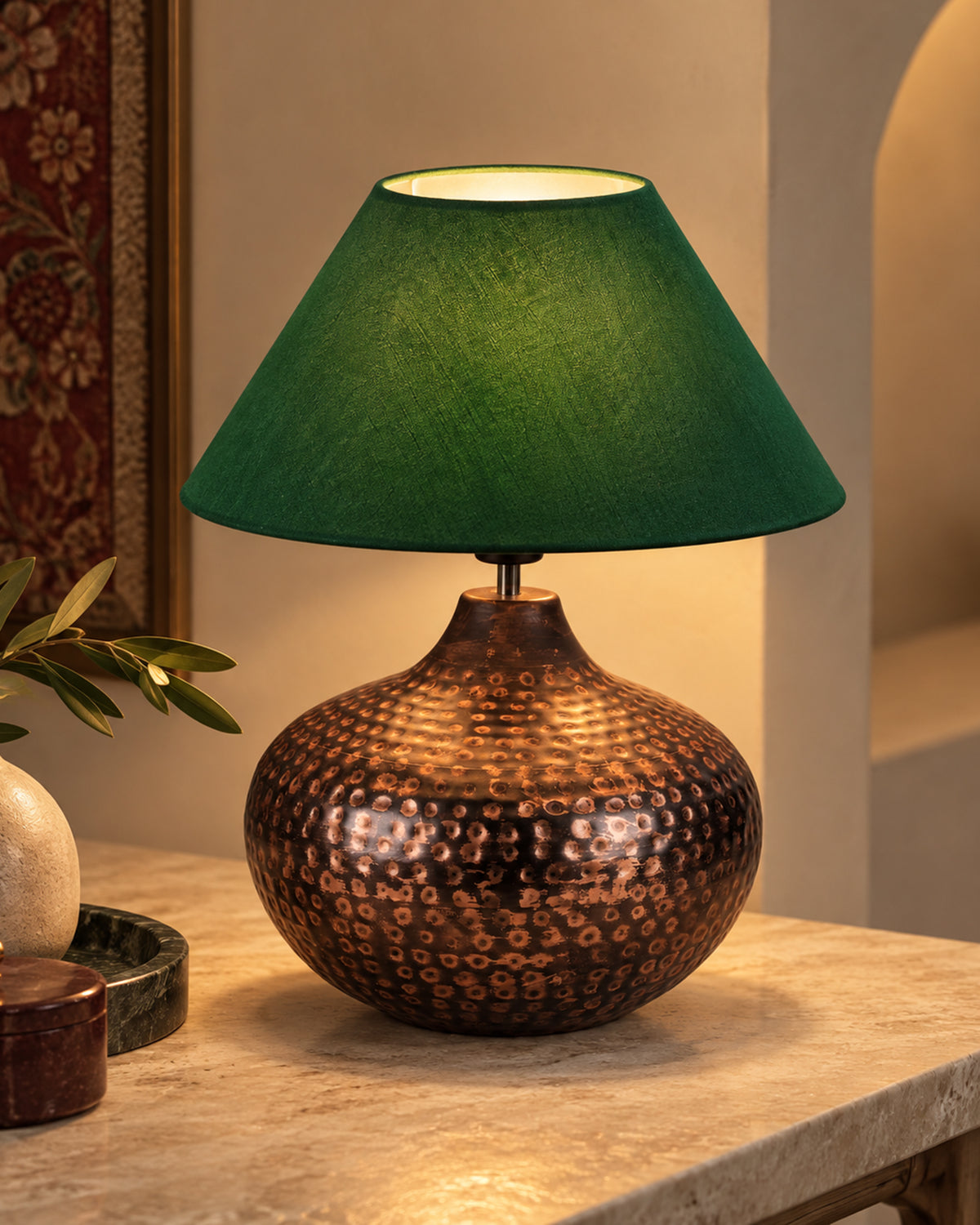 Gourd Metal Antique Hammered Oil-Rubbed Bronze Table Lamp Linen with Jute Shade