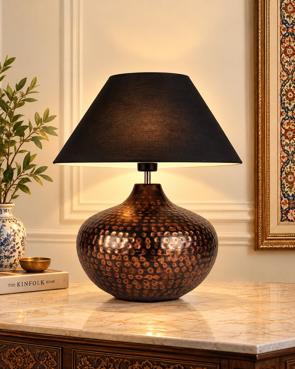 Gourd Metal Antique Hammered Oil-Rubbed Bronze Table Lamp Linen with Jute Shade