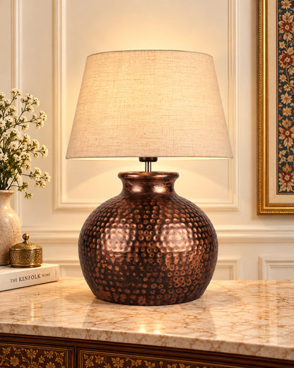 Pot Antique Table Lamp Hammered Oil-Rubbed Bronze Metal Linen Drum Shade for Living Room Family Bedroom