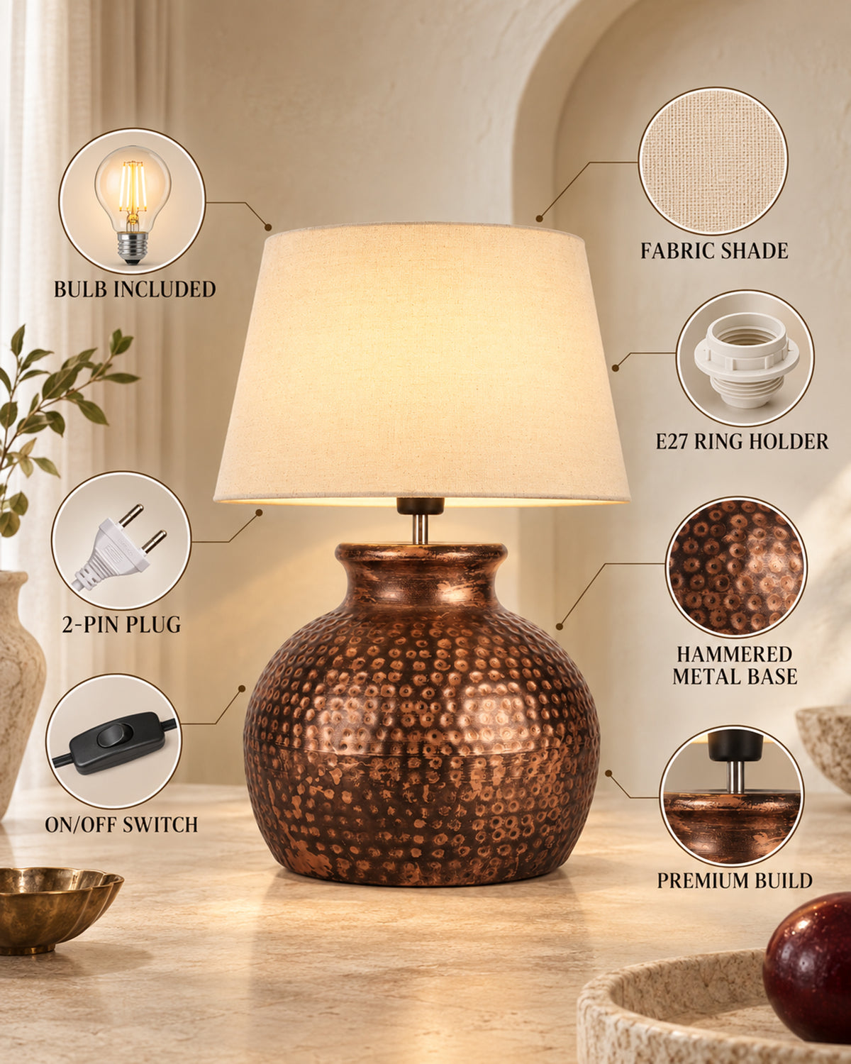 Pot Antique Table Lamp Hammered Oil-Rubbed Bronze Metal Linen Drum Shade for Living Room Family Bedroom
