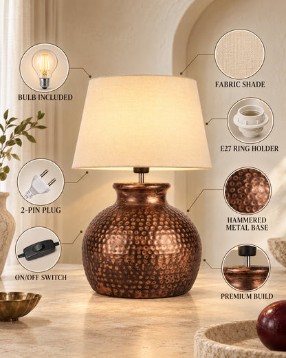 Pot Antique Table Lamp Hammered Oil-Rubbed Bronze Metal Linen Drum Shade for Living Room Family Bedroom