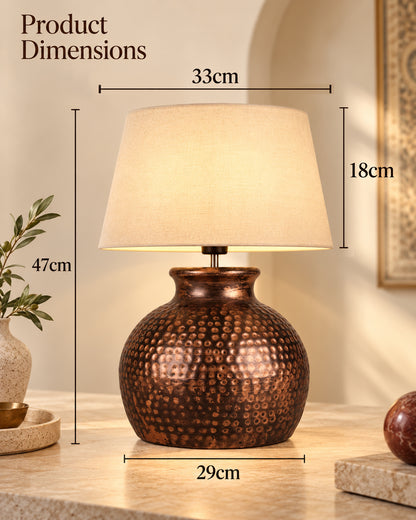 Pot Antique Table Lamp Hammered Oil-Rubbed Bronze Metal Linen Drum Shade for Living Room Family Bedroom