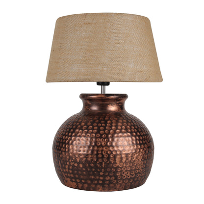 Pot Antique Table Lamp Hammered Oil-Rubbed Bronze Metal Linen Drum Shade for Living Room Family Bedroom