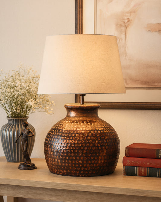 Pot Antique Table Lamp Hammered Oil-Rubbed Bronze Metal Linen Drum Shade for Living Room Family Bedroom
