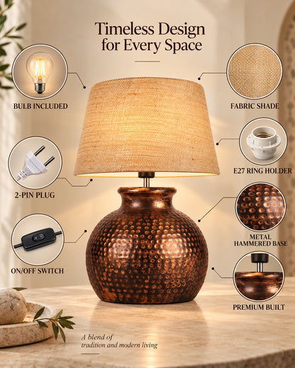 Pot Antique Table Lamp Hammered Oil-Rubbed Bronze Metal Linen Drum Shade for Living Room Family Bedroom