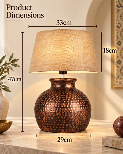 Pot Antique Table Lamp Hammered Oil-Rubbed Bronze Metal Linen Drum Shade for Living Room Family Bedroom