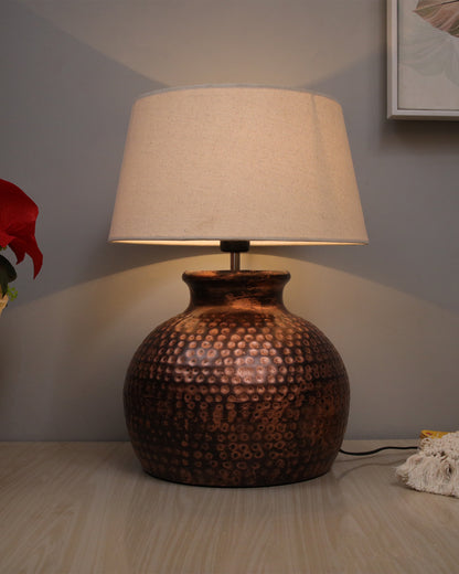Pot Antique Table Lamp Hammered Oil-Rubbed Bronze Metal Linen Drum Shade for Living Room Family Bedroom