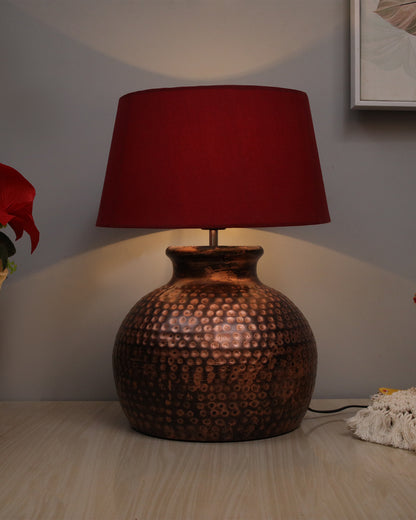 Pot Antique Table Lamp Hammered Oil-Rubbed Bronze Metal Linen Drum Shade for Living Room Family Bedroom