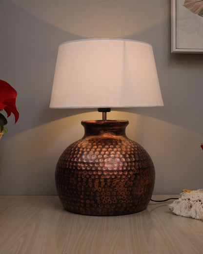 Pot Antique Table Lamp Hammered Oil-Rubbed Bronze Metal Linen Drum Shade for Living Room Family Bedroom