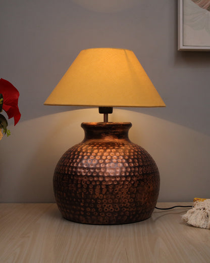 Pot Antique Table Lamp Hammered Oil-Rubbed Bronze Metal Linen Drum Shade for Living Room Family Bedroom