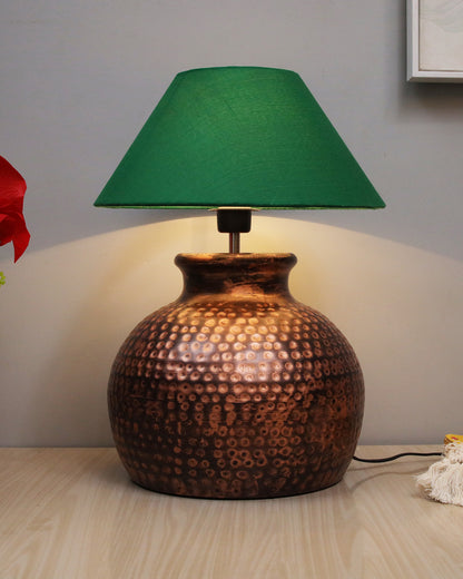 Pot Antique Table Lamp Hammered Oil-Rubbed Bronze Metal Linen Drum Shade for Living Room Family Bedroom
