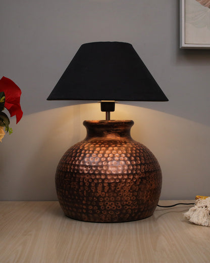 Pot Antique Table Lamp Hammered Oil-Rubbed Bronze Metal Linen Drum Shade for Living Room Family Bedroom