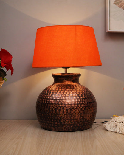 Pot Antique Table Lamp Hammered Oil-Rubbed Bronze Metal Linen Drum Shade for Living Room Family Bedroom