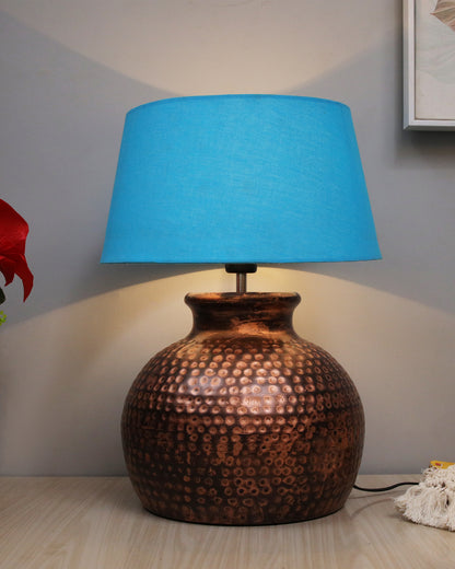 Pot Antique Table Lamp Hammered Oil-Rubbed Bronze Metal Linen Drum Shade for Living Room Family Bedroom