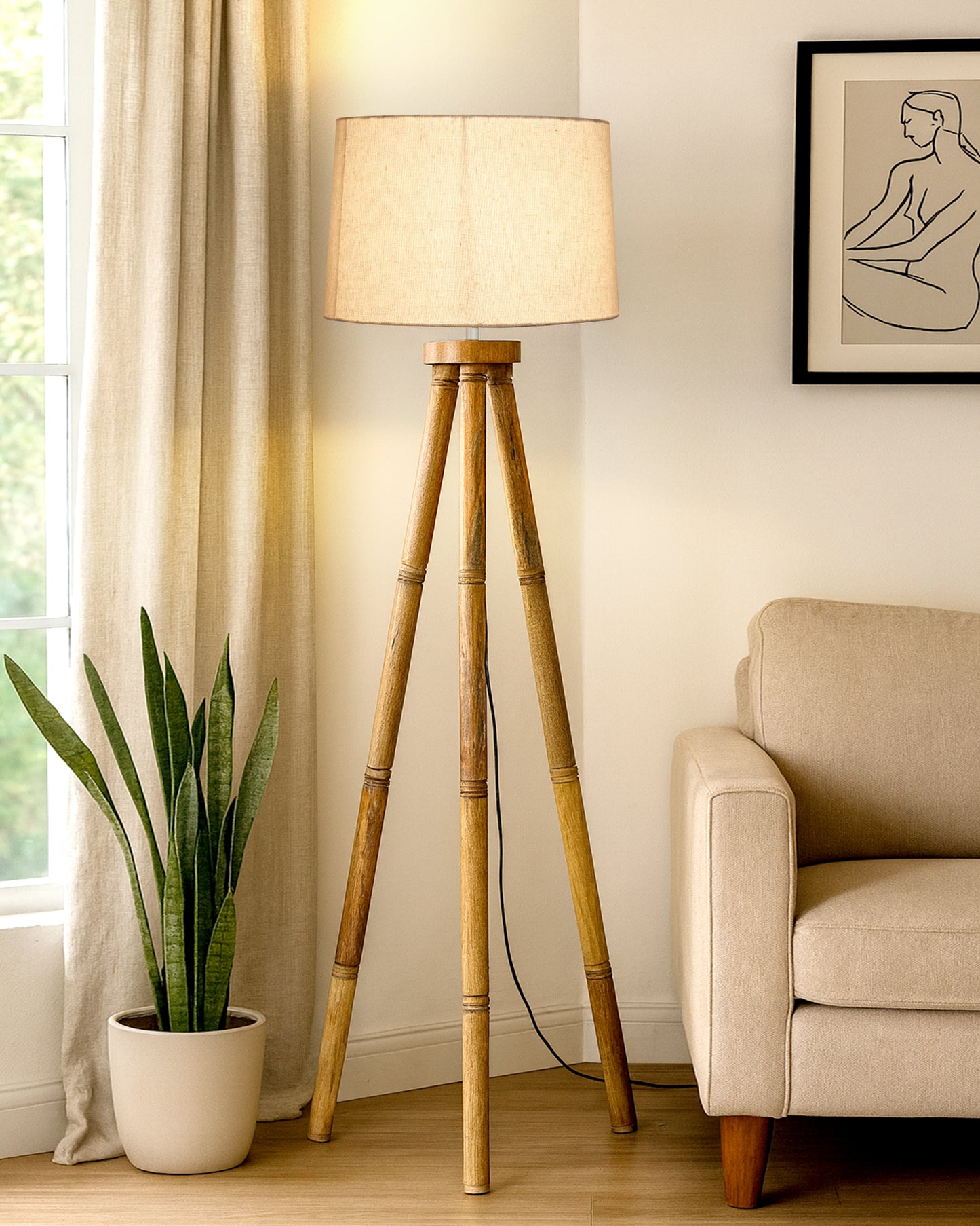 Wood Tripod Floor Lamp, Mid Century Standing Lamp, E27 Lamp Base, With shade Modern Design Floor Reading Lamp for Living Room Bedroom, Study Room and Office