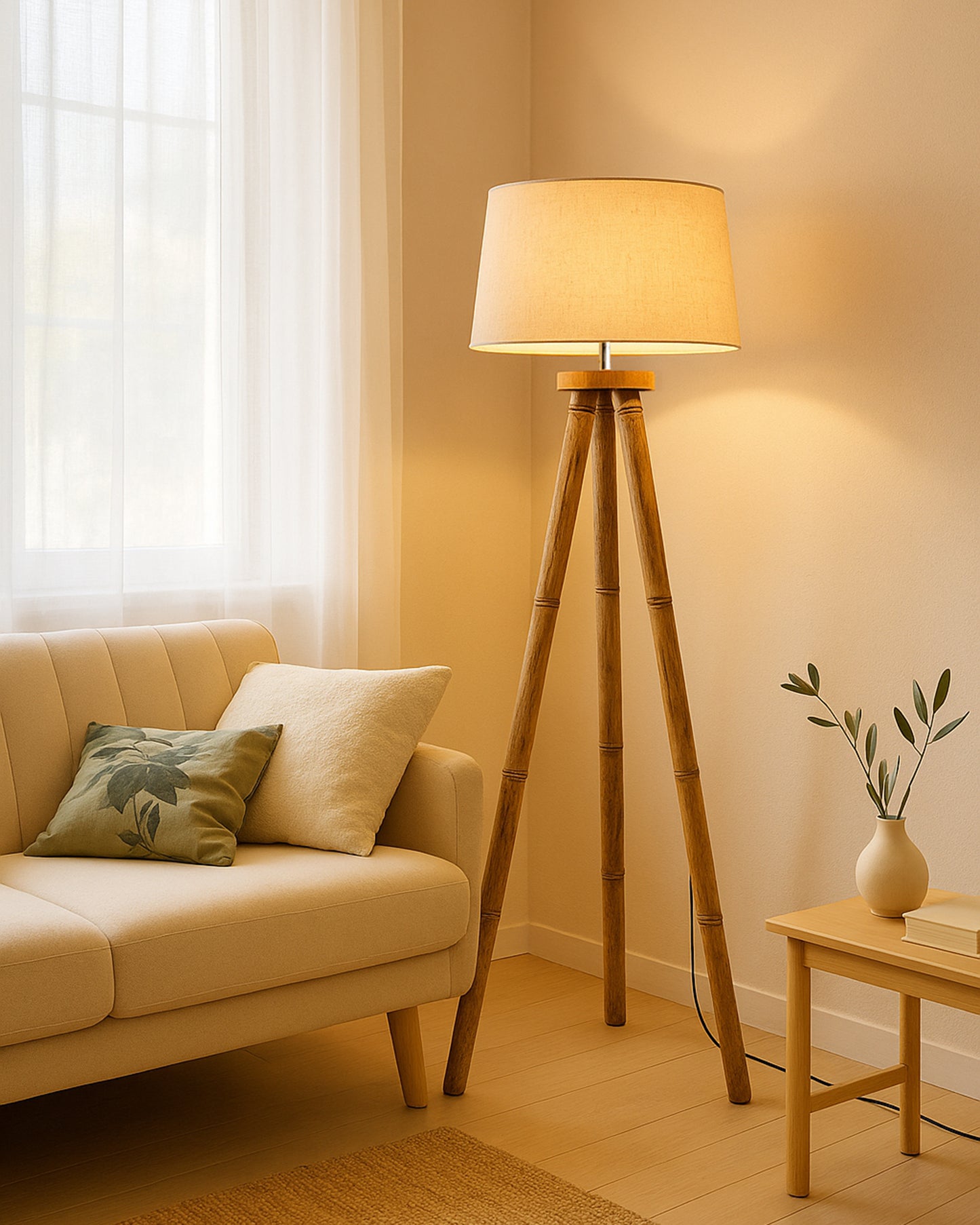 Wood Tripod Floor Lamp, Mid Century Standing Lamp, E27 Lamp Base, With shade Modern Design Floor Reading Lamp for Living Room Bedroom, Study Room and Office