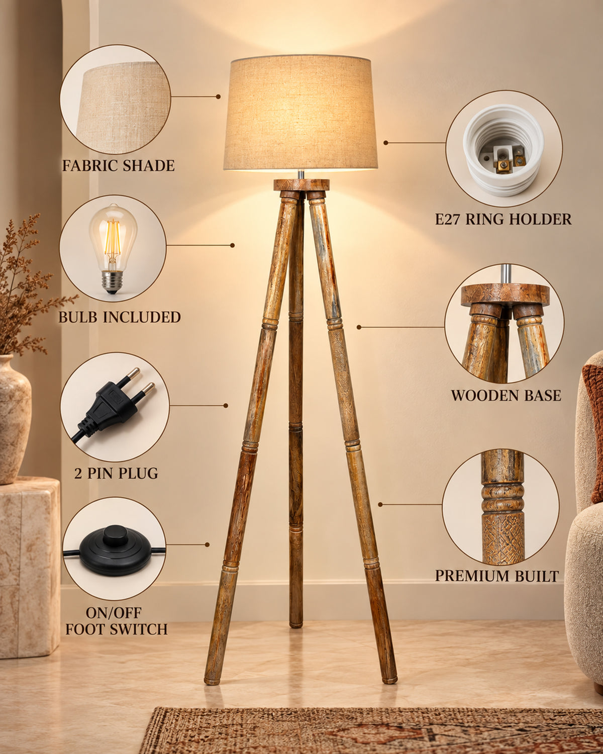 Wood Tripod Floor Lamp, Mid Century Standing Lamp, E27 Lamp Base, With shade Modern Design Floor Reading Lamp for Living Room Bedroom, Study Room and Office