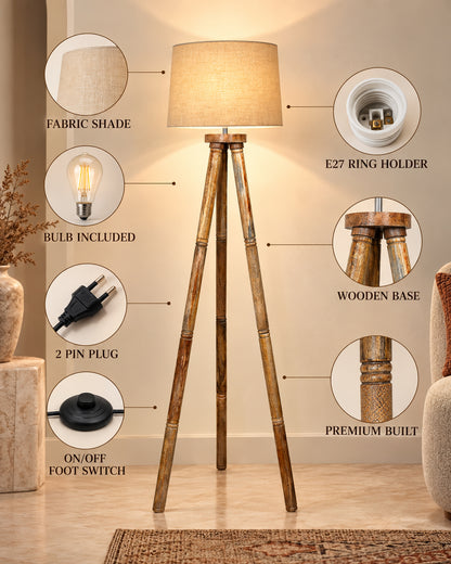 Wood Tripod Floor Lamp, Mid Century Standing Lamp, E27 Lamp Base, With shade Modern Design Floor Reading Lamp for Living Room Bedroom, Study Room and Office