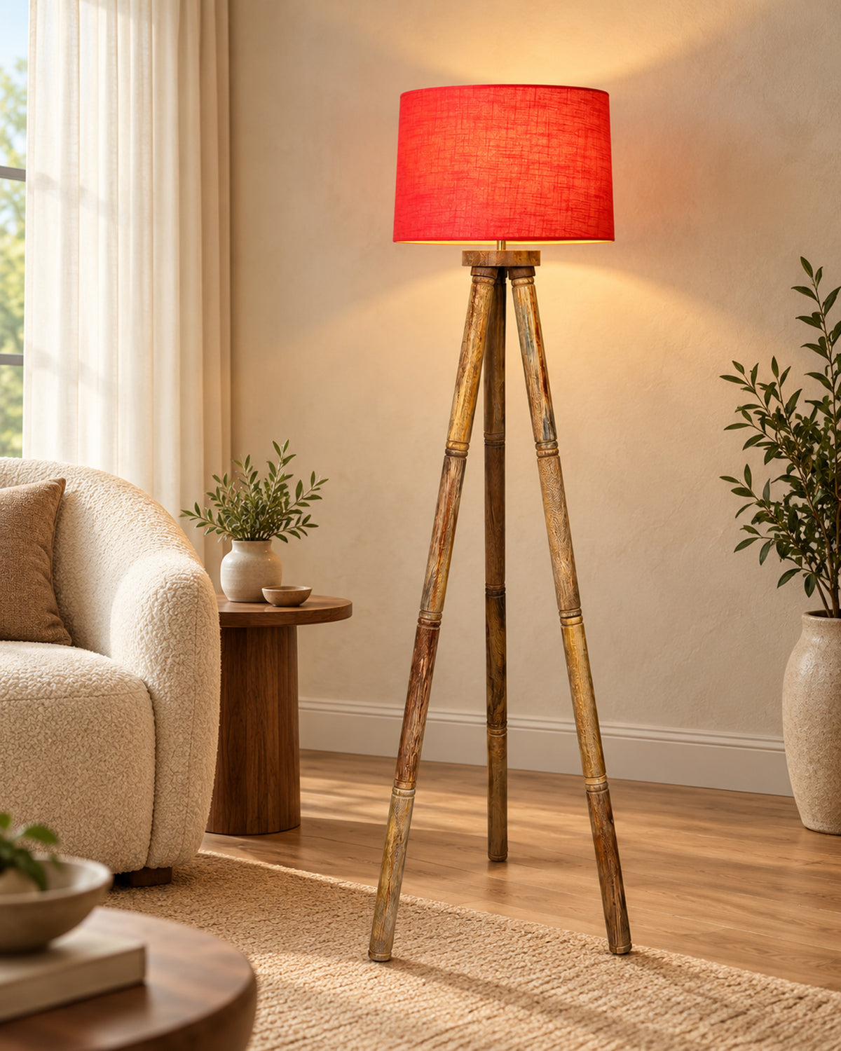 Wood Tripod Floor Lamp, Mid Century Standing Lamp, E27 Lamp Base, With shade Modern Design Floor Reading Lamp for Living Room Bedroom, Study Room and Office