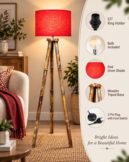 Wood Tripod Floor Lamp, Mid Century Standing Lamp, E27 Lamp Base, With shade Modern Design Floor Reading Lamp for Living Room Bedroom, Study Room and Office