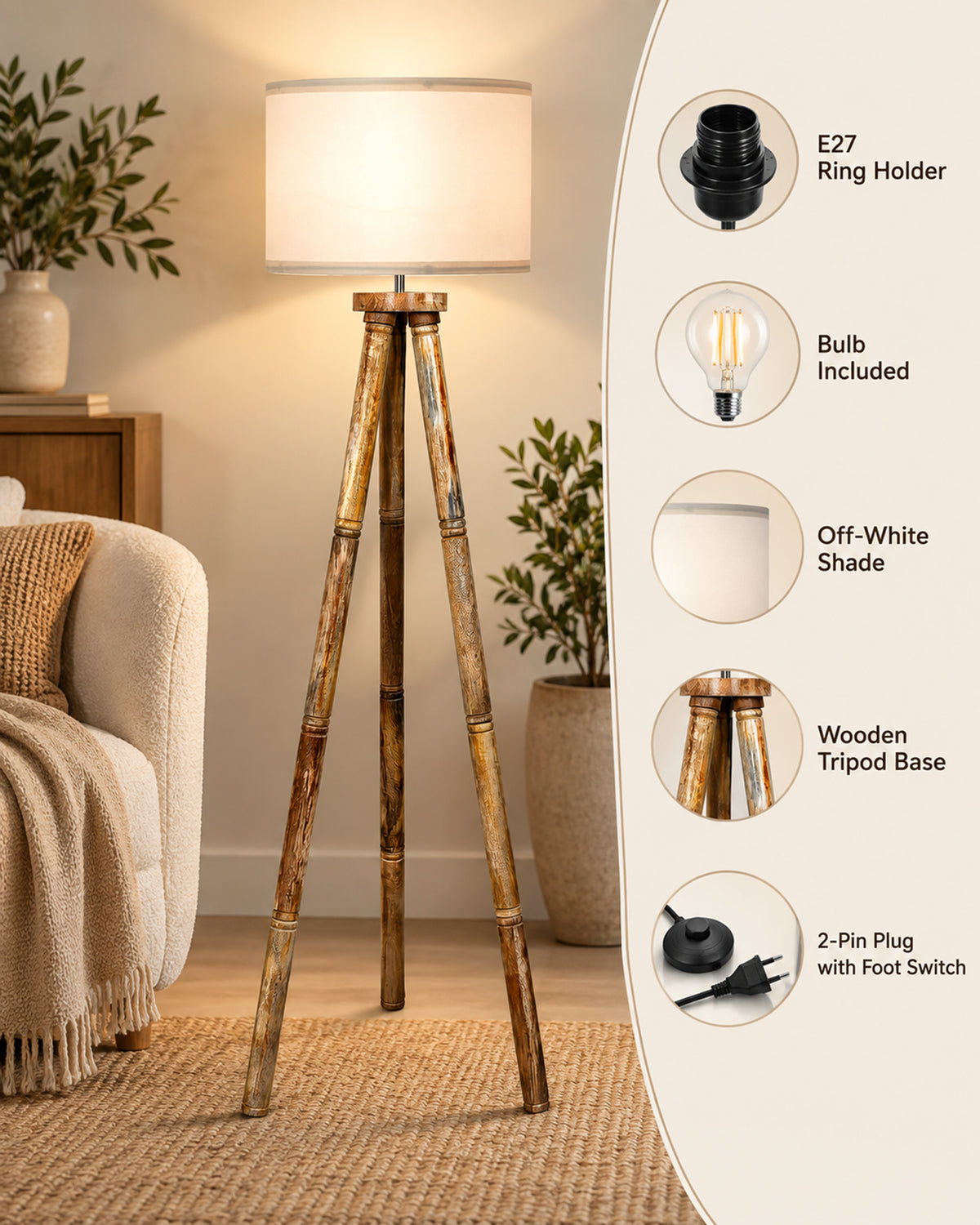 Wood Tripod Floor Lamp, Mid Century Standing Lamp, E27 Lamp Base, With shade Modern Design Floor Reading Lamp for Living Room Bedroom, Study Room and Office