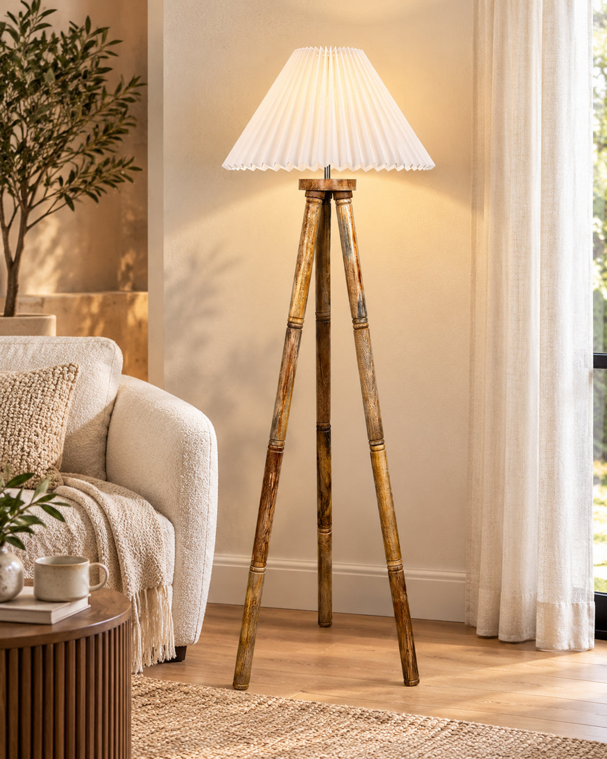 Wood Tripod Floor Lamp, Mid Century Standing Lamp, E27 Lamp Base, With shade Modern Design Floor Reading Lamp for Living Room Bedroom, Study Room and Office