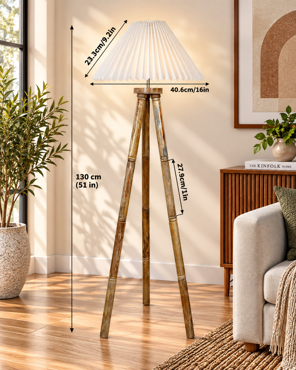 Wood Tripod Floor Lamp, Mid Century Standing Lamp, E27 Lamp Base, With shade Modern Design Floor Reading Lamp for Living Room Bedroom, Study Room and Office