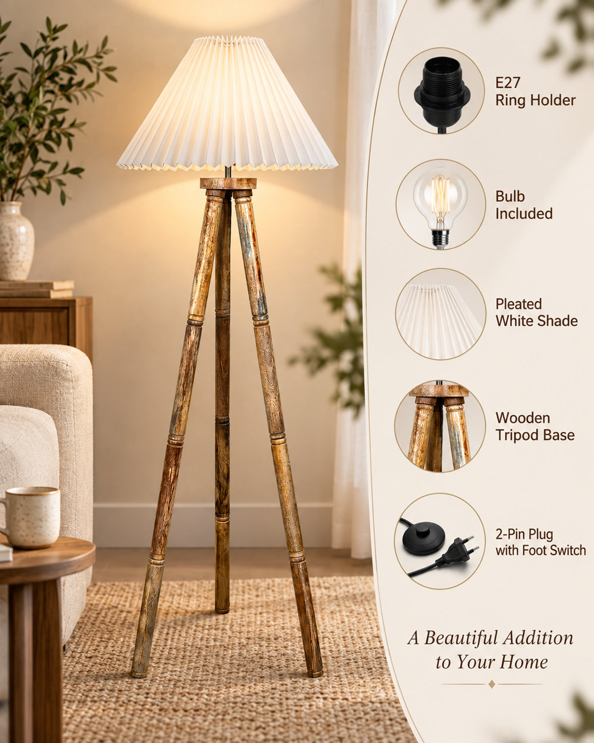 Wood Tripod Floor Lamp, Mid Century Standing Lamp, E27 Lamp Base, With shade Modern Design Floor Reading Lamp for Living Room Bedroom, Study Room and Office