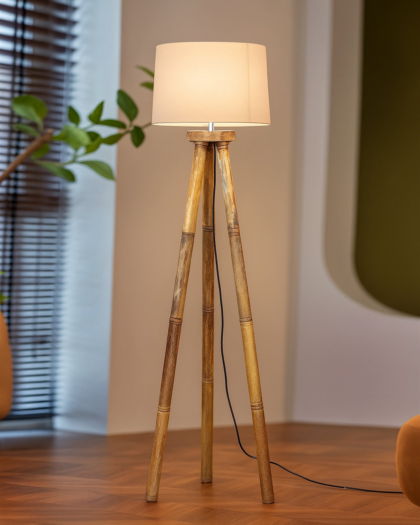 Wood Tripod Floor Lamp, Mid Century Standing Lamp, E27 Lamp Base, With shade Modern Design Floor Reading Lamp for Living Room Bedroom, Study Room and Office
