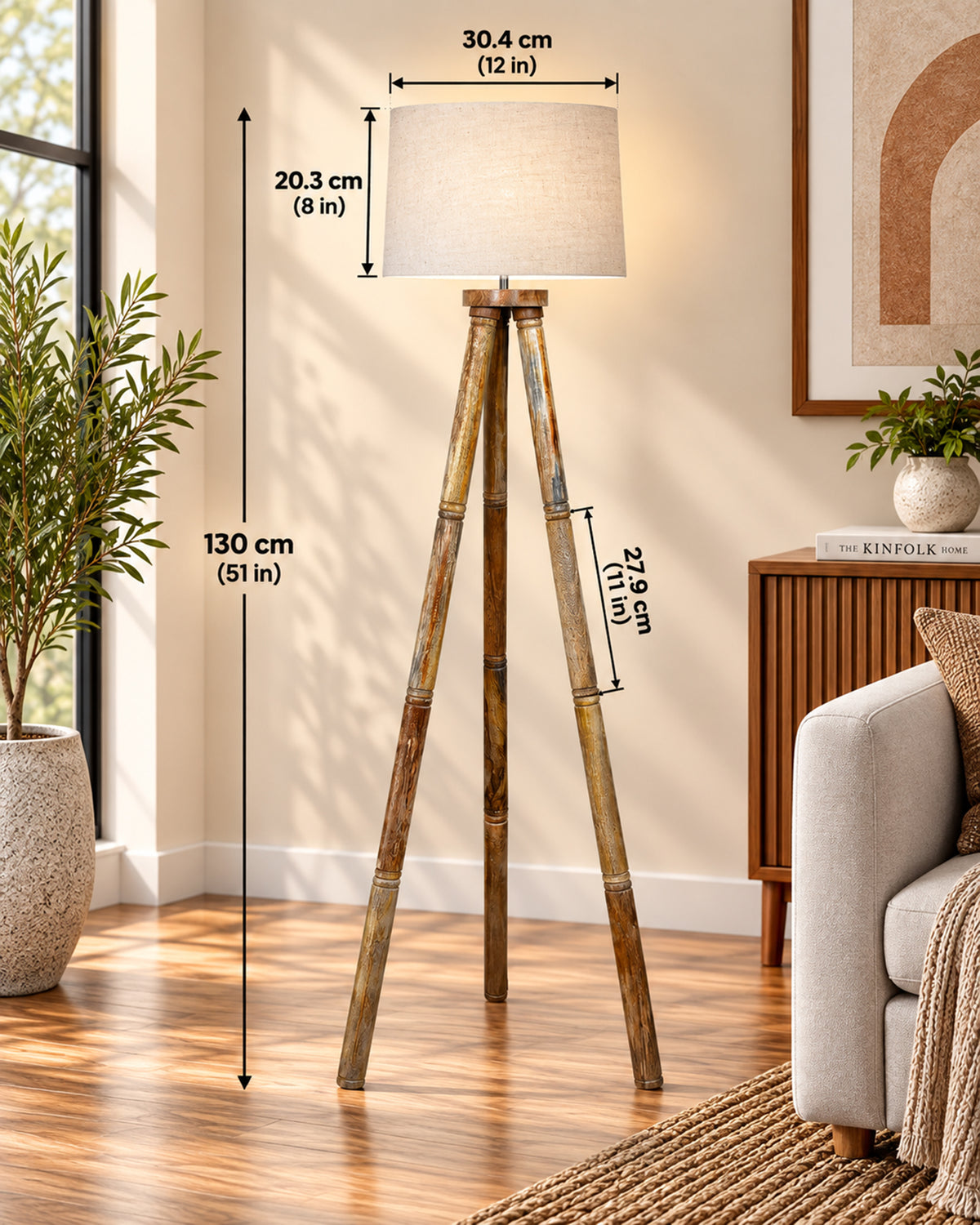Wood Tripod Floor Lamp, Mid Century Standing Lamp, E27 Lamp Base, With shade Modern Design Floor Reading Lamp for Living Room Bedroom, Study Room and Office