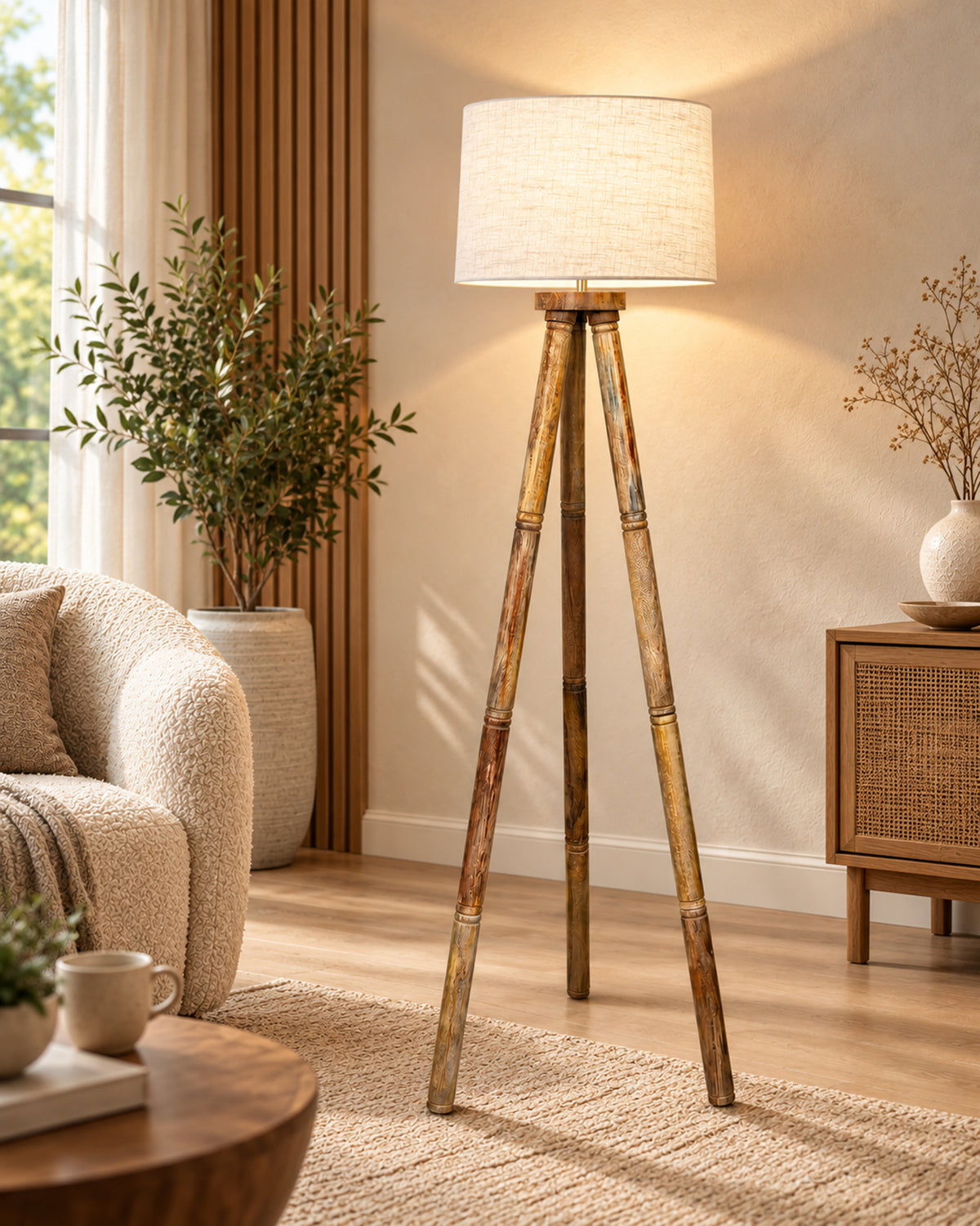 Wood Tripod Floor Lamp, Mid Century Standing Lamp, E27 Lamp Base, With shade Modern Design Floor Reading Lamp for Living Room Bedroom, Study Room and Office