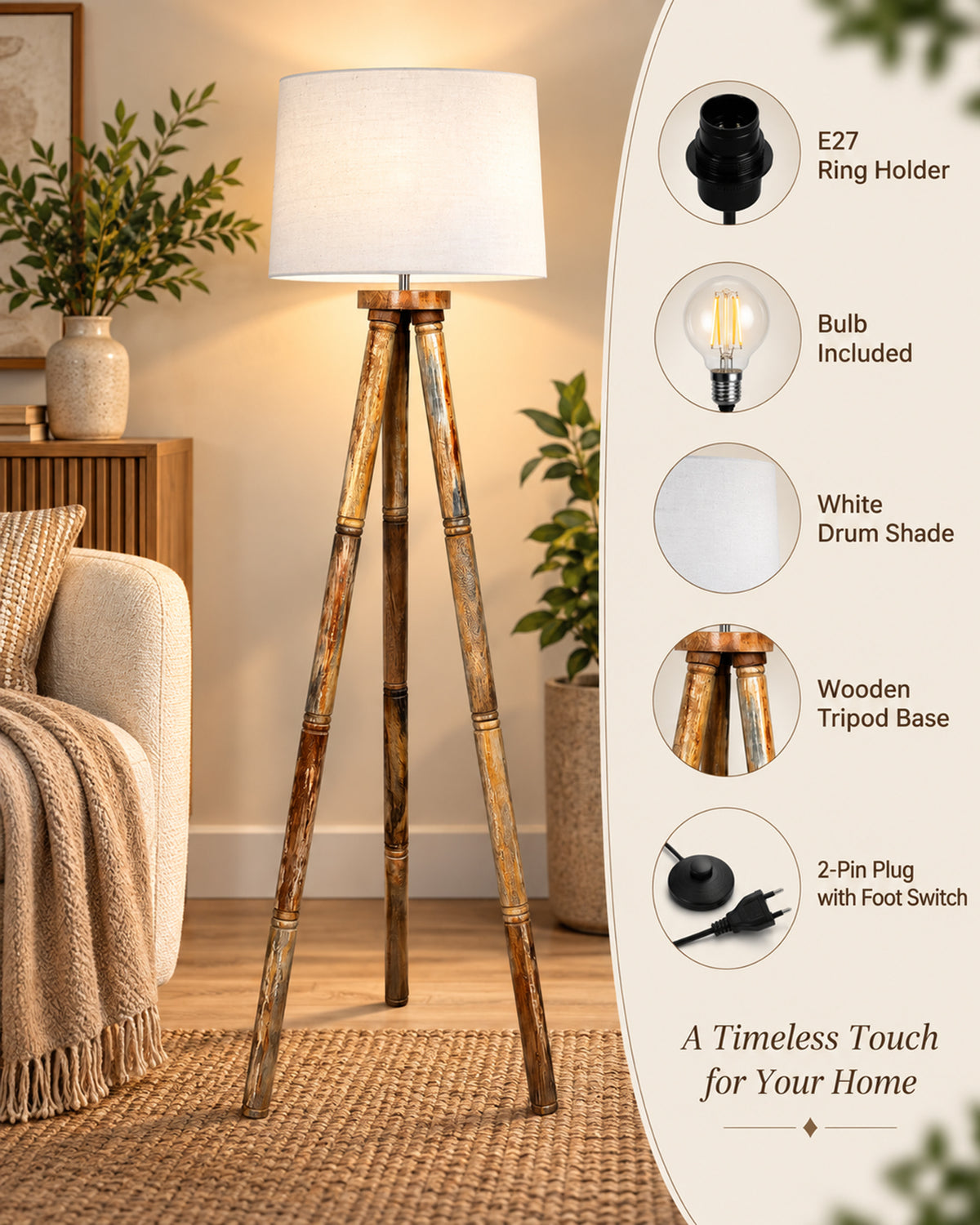 Wood Tripod Floor Lamp, Mid Century Standing Lamp, E27 Lamp Base, With shade Modern Design Floor Reading Lamp for Living Room Bedroom, Study Room and Office