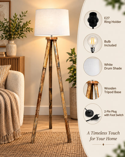 Wood Tripod Floor Lamp, Mid Century Standing Lamp, E27 Lamp Base, With shade Modern Design Floor Reading Lamp for Living Room Bedroom, Study Room and Office
