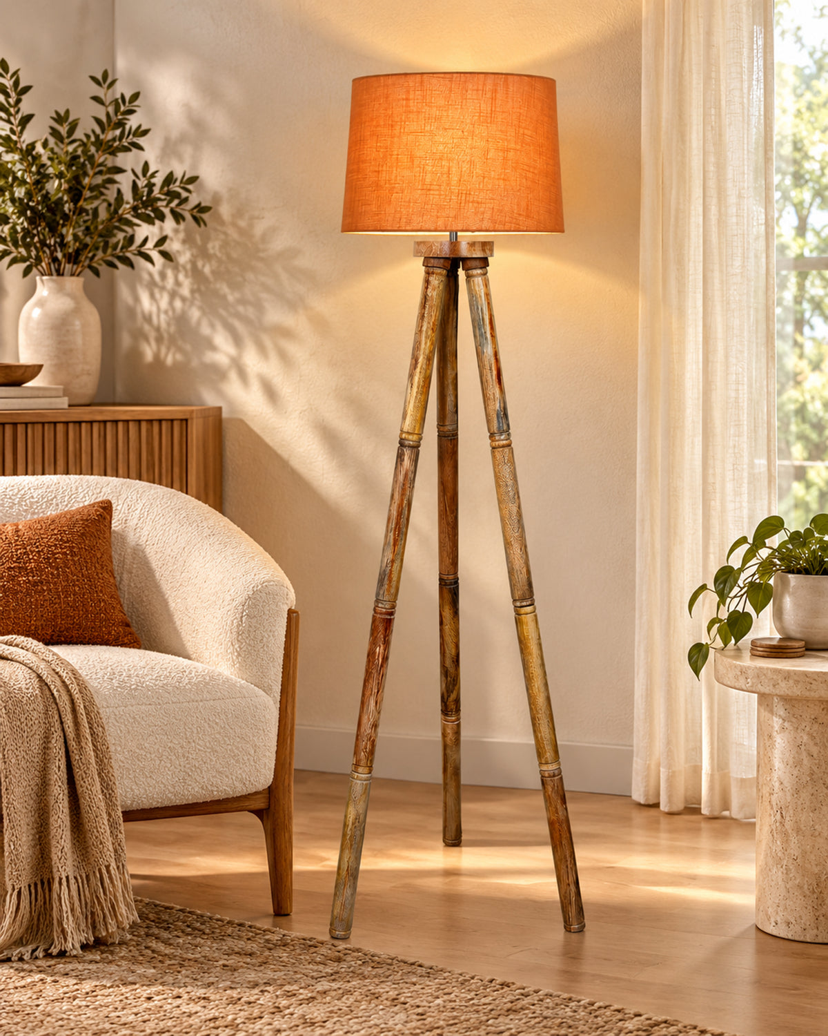 Wood Tripod Floor Lamp, Mid Century Standing Lamp, E27 Lamp Base, With shade Modern Design Floor Reading Lamp for Living Room Bedroom, Study Room and Office
