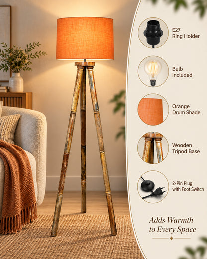 Wood Tripod Floor Lamp, Mid Century Standing Lamp, E27 Lamp Base, With shade Modern Design Floor Reading Lamp for Living Room Bedroom, Study Room and Office